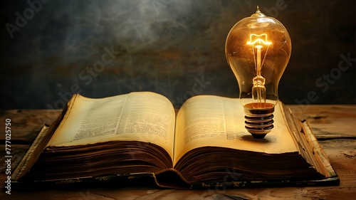 Light bulb and opened vintage book style. knowledge, and searching for new ideas.