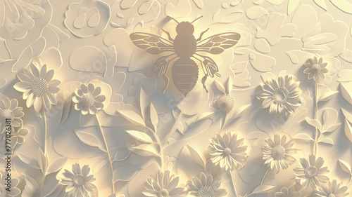 A subtle 3D design of a bee s shadow over a field of simplified  stylized flowers  casting an intricate  lace-like pattern on a soft  neutral background for World Bee Day