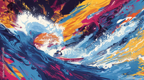 A surfer glides on a wave made of swirls of vivid blue, red, and yellow, capturing a surreal and dynamic ocean scene