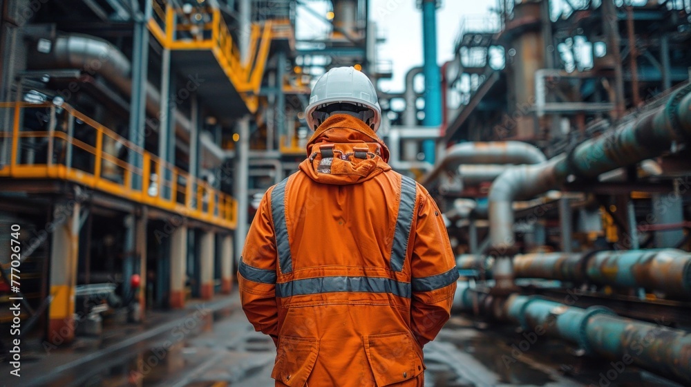 Obraz premium Gas Industry Engineer Overlooking Refinery Operations