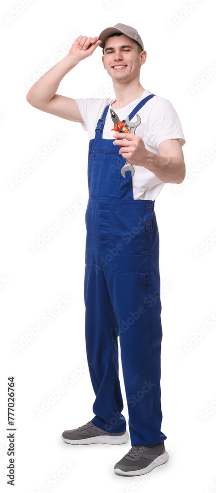 Young man holding pliers on white background Young man holding pliers on white background