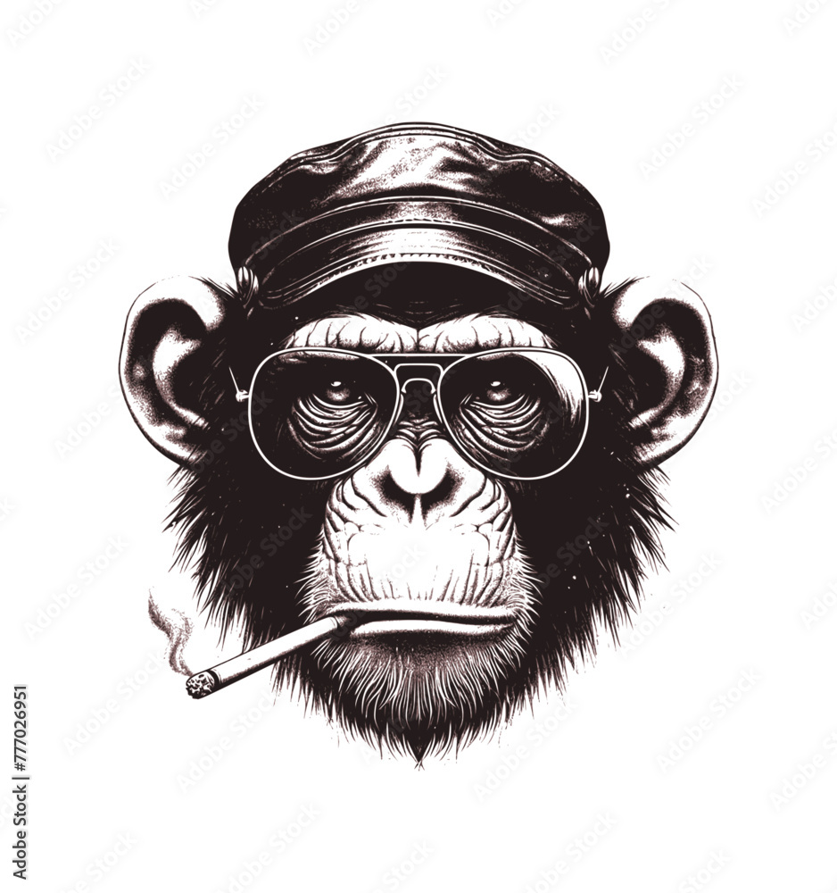 Fototapeta premium chimpanzee face, wear hat and glasses, grunge texture - brown on white background (artwork 2)