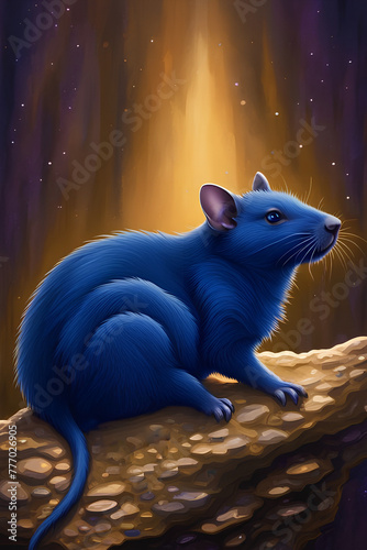 Closeup of a deep blue cartoon rat, a fantasy magical mythical creature rata, ratto, ratte image photo