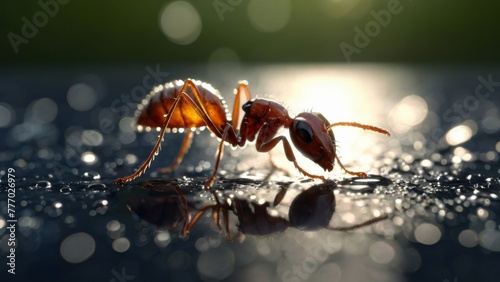 Visualize a close-up scene where ants diligently carry leaves back to their nests, illuminated by sunlight in the background. This image exemplifies the concept of teamwork as the ants work together h photo
