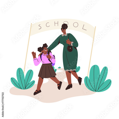Mother taking her little girl to school. Parent accompany, brings her student to first lesson. Cute kid waves with hand to goodbye with mom. Flat isolated vector illustration on white background