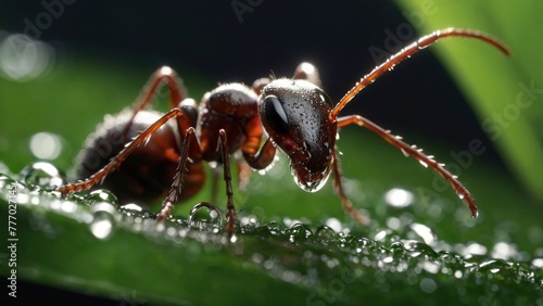 Visualize a close-up scene where ants diligently carry leaves back to their nests, illuminated by sunlight in the background. This image exemplifies the concept of teamwork as the ants work together h © Rashid