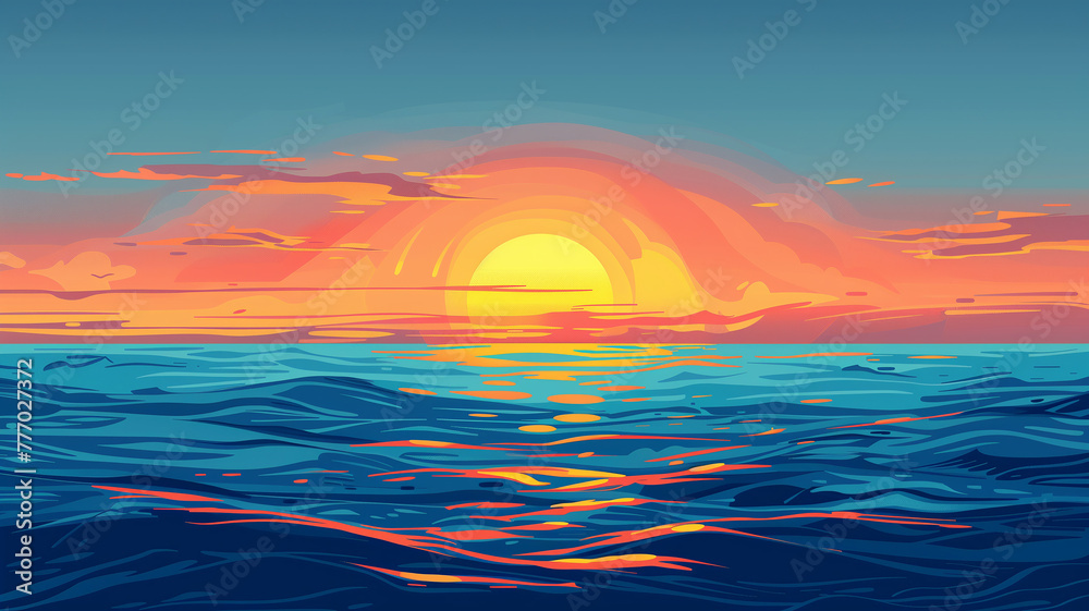 Illustration of a sunrise over the ocean, symbolizing motherly love, warm hues, space for text.