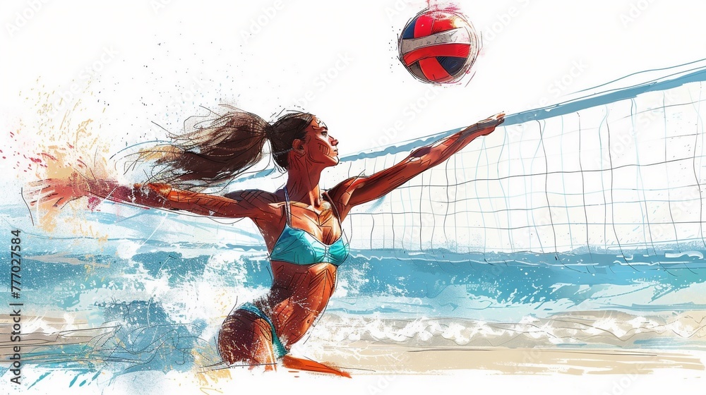 a illustration of a women in bikiini playing beach volleyball. people in a summer holiday setting. - obrazy, fototapety, plakaty 