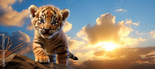 Cute little tiger cub standing on a rock and looking at the camera, panoramic banner. Generative Ai