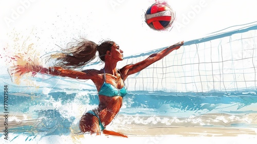 a illustration of a women in bikiini playing beach volleyball. people in a summer holiday setting. © Yuan