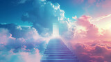 Minimalistic, vibrant staircase leading to a surreal door in the sky, fantasy clouds billowing