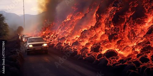 Volcanic eruption. Burning cars on the road in the mountains, panoramic layout. Generative Ai © Alexandra