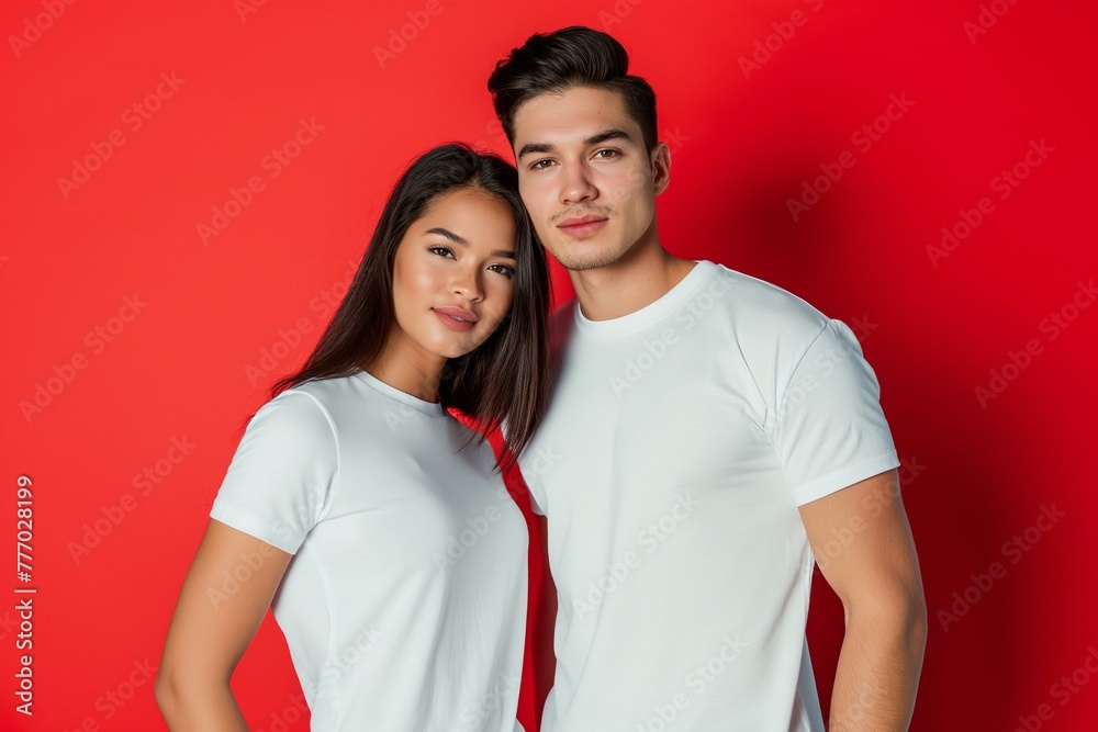 Fototapeta premium Diverse Couple in Casual Attire Against Red Background