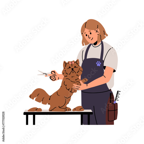 Pet grooming service salon. Professional groomer cuts fur of fluffy dog with scissors. Girl cares about cute puppy. Woman does haircut to pup on table. Flat isolated vector illustration on white