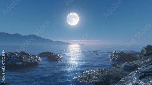 A radiant full moon shining over a tranquil ocean landscape. . . photo