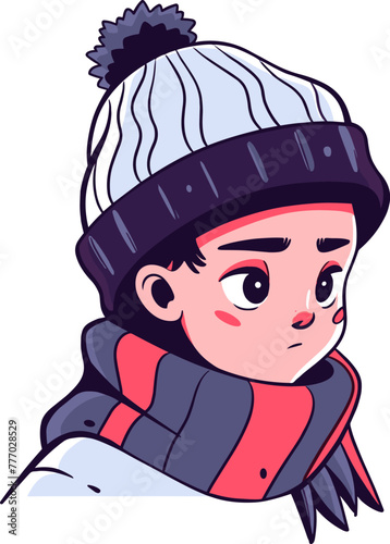 Boy wearing a winter cap and scarf looking sideways with a thoughtful expression. Flat vector illustration.