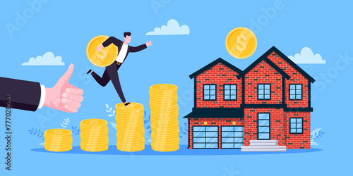 Mortgage refinance to buy a house flat style design business concept. Real estate property or mortgage loan investment. Business people climb money coin stack and home building vector illustration.
