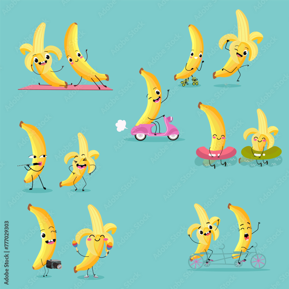 Cute bananas fruit characters set, collection. Flat vector illustration. Activities, playing musical instruments, sports, funny fruits. Cute bananas fruit characters set, collection. Flat vector illustration. Activities, playing musical instruments, sports, funny fruits.