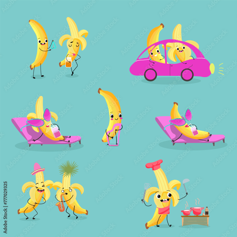 Cute bananas fruit characters set, collection. Flat vector illustration. Activities, playing musical instruments, sports, funny fruits.