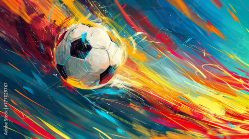 Dynamic image depicting a soccer ball with a colorful explosion effect, symbolizing energy and power in sports