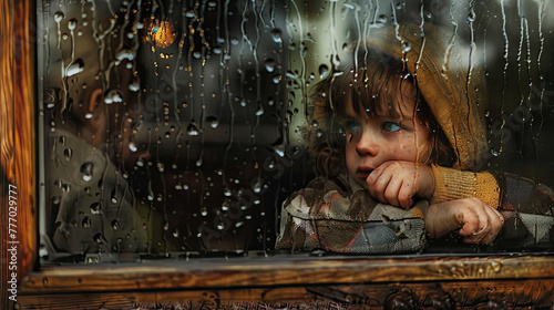 A sad child sitting by the window wearing jacket with hoodie raining outside photo