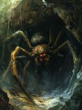 A monstrous spider, with eyes that gleam in the dark, awaits in its webfilled, shadowy cave lair