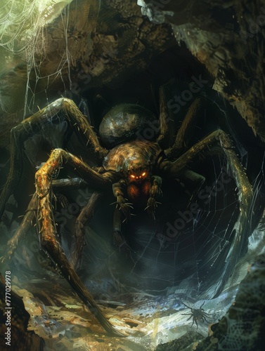 A monstrous spider, with eyes that gleam in the dark, awaits in its webfilled, shadowy cave lair