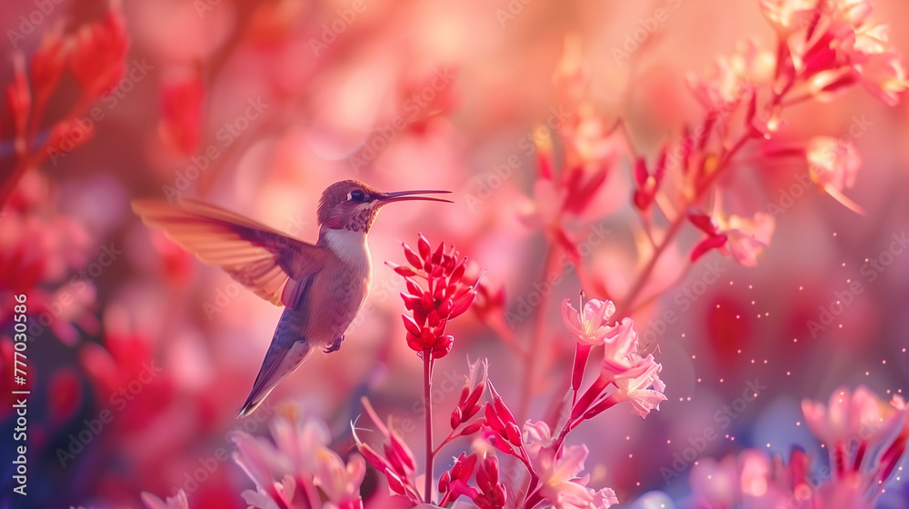 Fototapeta premium kolibri on torch flower in the flower exotic garden,