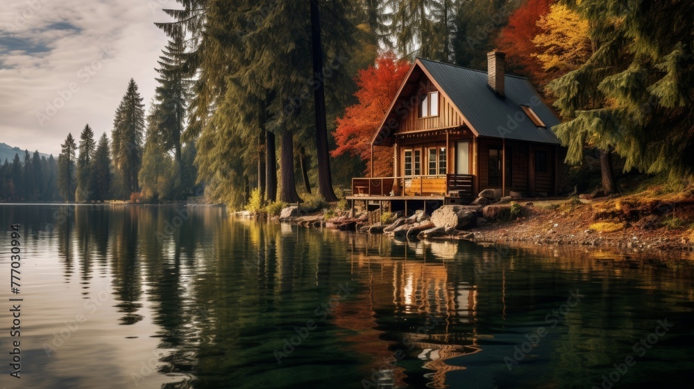 Obraz premium A serene and relaxing cabin near the lake with a porch and a rocking chair