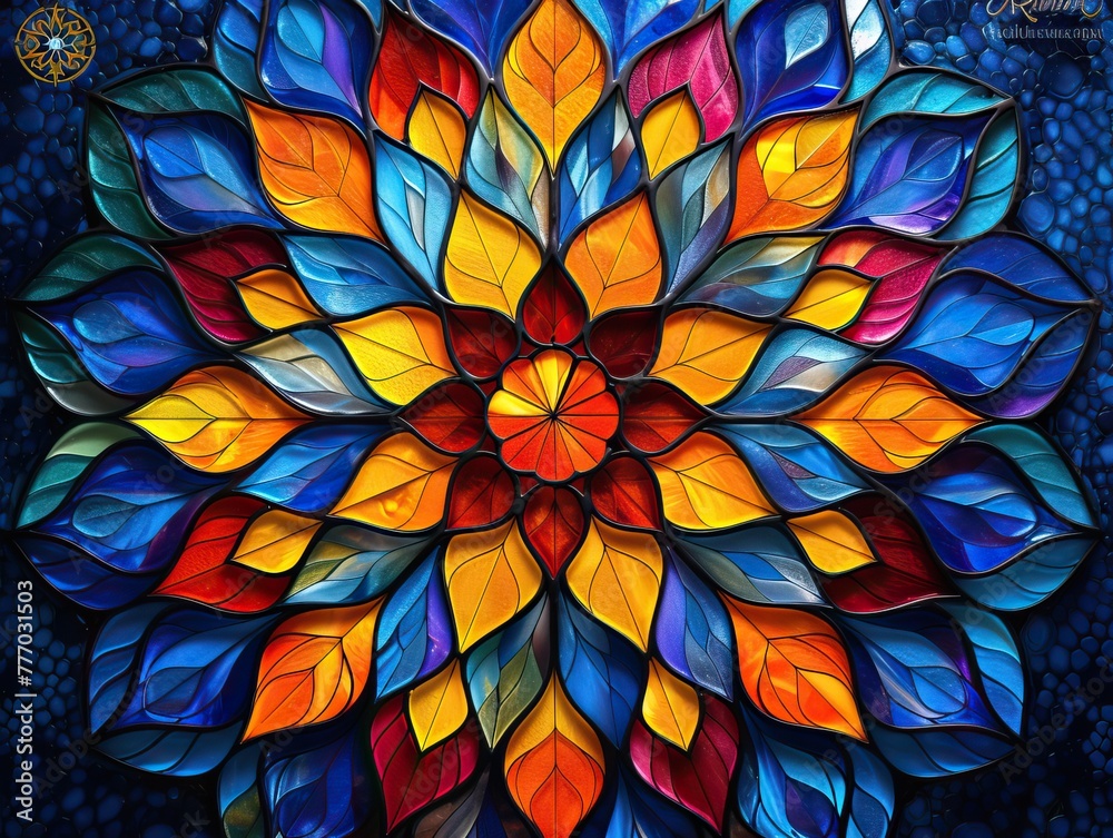 Mandala background with stained glass effect and primary colors Kaleidoscope art lovers and artistic design Mandala patterns with stained glass and kaleidoscope effect for dynamic backgrounds