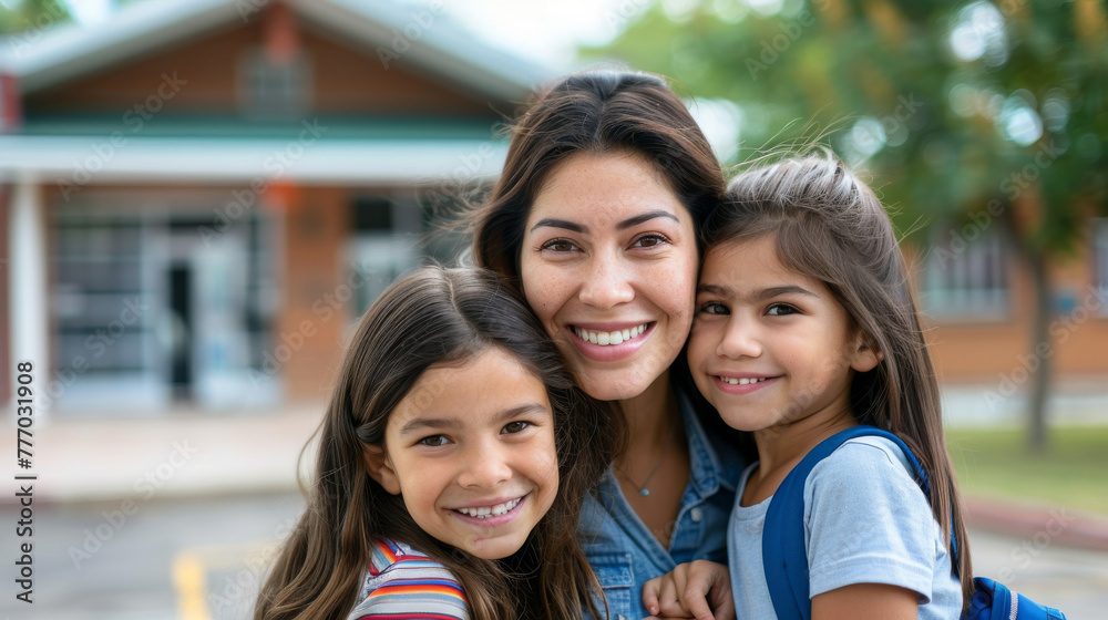 Mother and two children family in front of an elementary school on back to school day Mother and two children family in front of an elementary school on back to school day