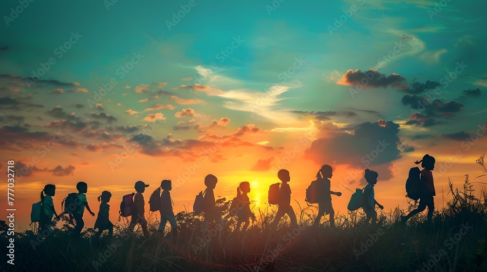 Silhouetted Figures of Refugee Children Gathering in Hopeful Worship Beneath a Vibrant Sunset Sky