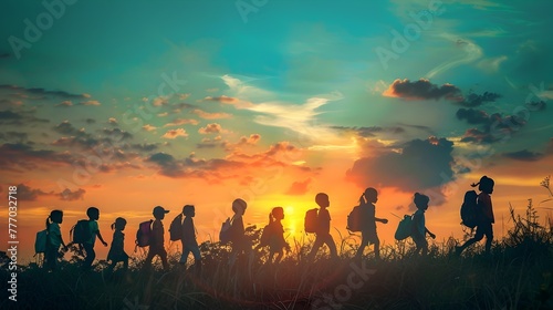 Silhouetted Figures of Refugee Children Gathering in Hopeful Worship Beneath a Vibrant Sunset Sky