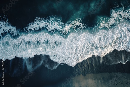 This aerial photo captures the expansive view of the ocean, showcasing the powerful waves as they crash against the shoreline, A minimalist representation of waves crashing on the shore, AI Generated