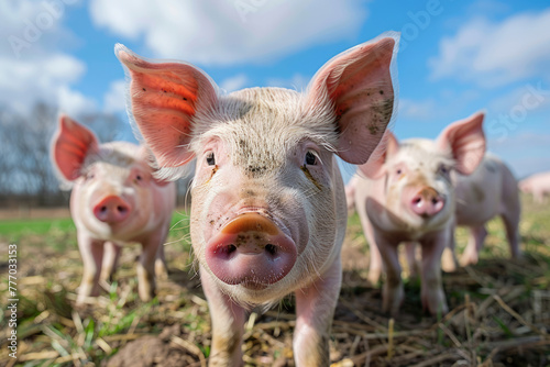 Pigs walking outside on a pig farm