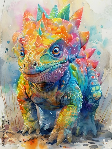 Watercolor of an Ankylosaurus  cute and vivid in bright pastel colors  set against a soft background that amplifies its charm