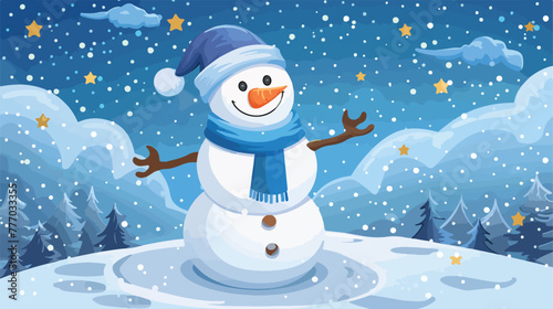 Snowman wearing a hat and a blue scarf with star sky a © RedFish