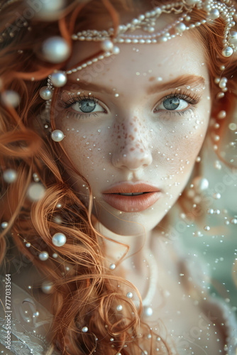 Portrait of a beautiful mermaid girl with pearl jewelry