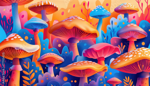 Magic colorful bright psychedelic mushrooms
