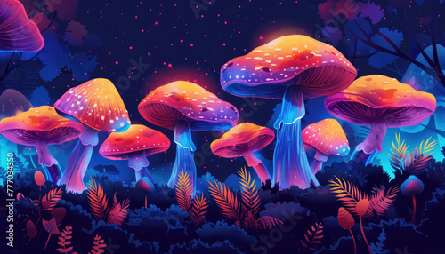 Neon glowing magical psychedelic mushrooms