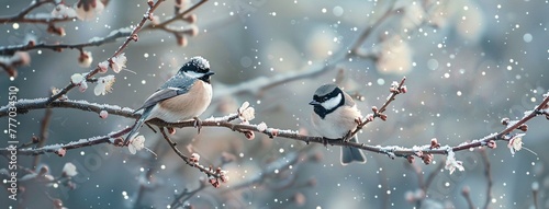 Winter's Warmth Two Birds Perched on a Snow-Covered Branch Generative AI