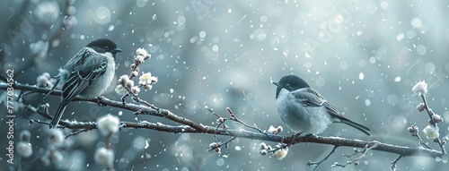 Winter's Embrace A Small Bird Perched in a Snowy Tree Generative AI