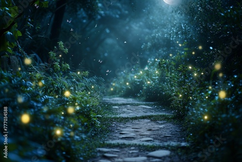 A Path Illuminated by Moonlight in a Forest at Night  A moonlit path leading through a lush forest with fireflies twinkling around  AI Generated