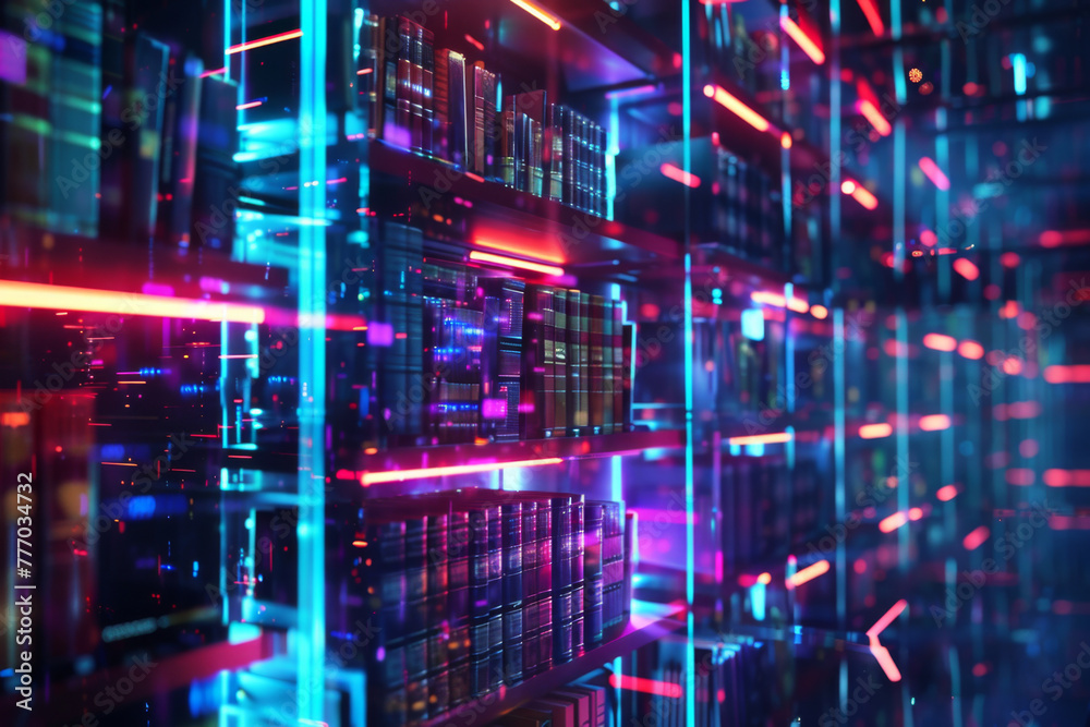 Fototapeta premium Abstract digital library background with holographic bookshelves and glowing neon light effects