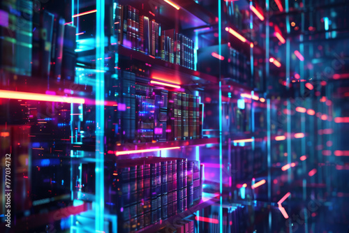 Abstract digital library background with holographic bookshelves and glowing neon light effects © wanna