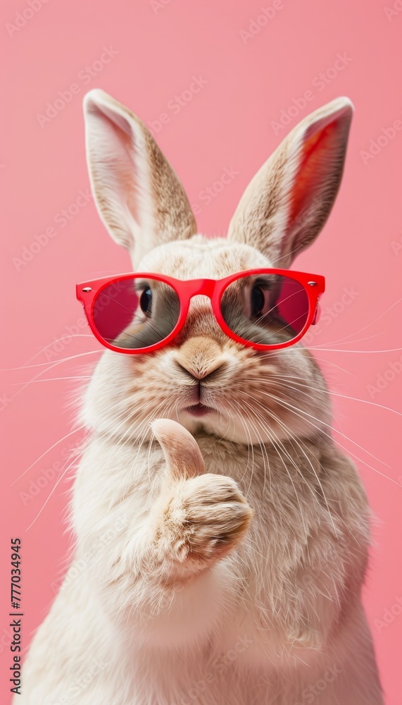 Stylish easter bunny in sunglasses giving thumbs up on soft pastel background for text addition