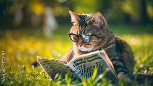 Cat sitting and reading newspaper. Cat sitting on the grass in the park.