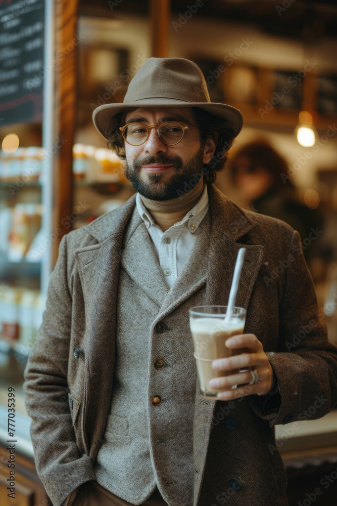 A man in a suit drinks a drink in a cup in a cafe