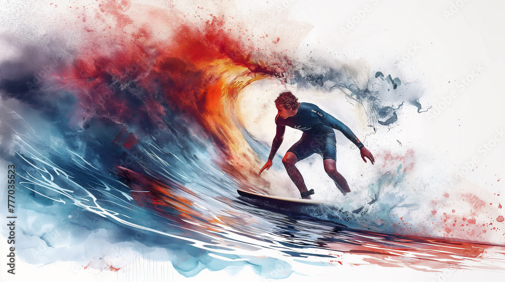 a illustration of a man surfing under beautiful big waves. people in a summer holiday setting.
