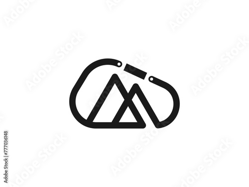 carabiner with mountain logo, climbing sport line art vector icon illustration